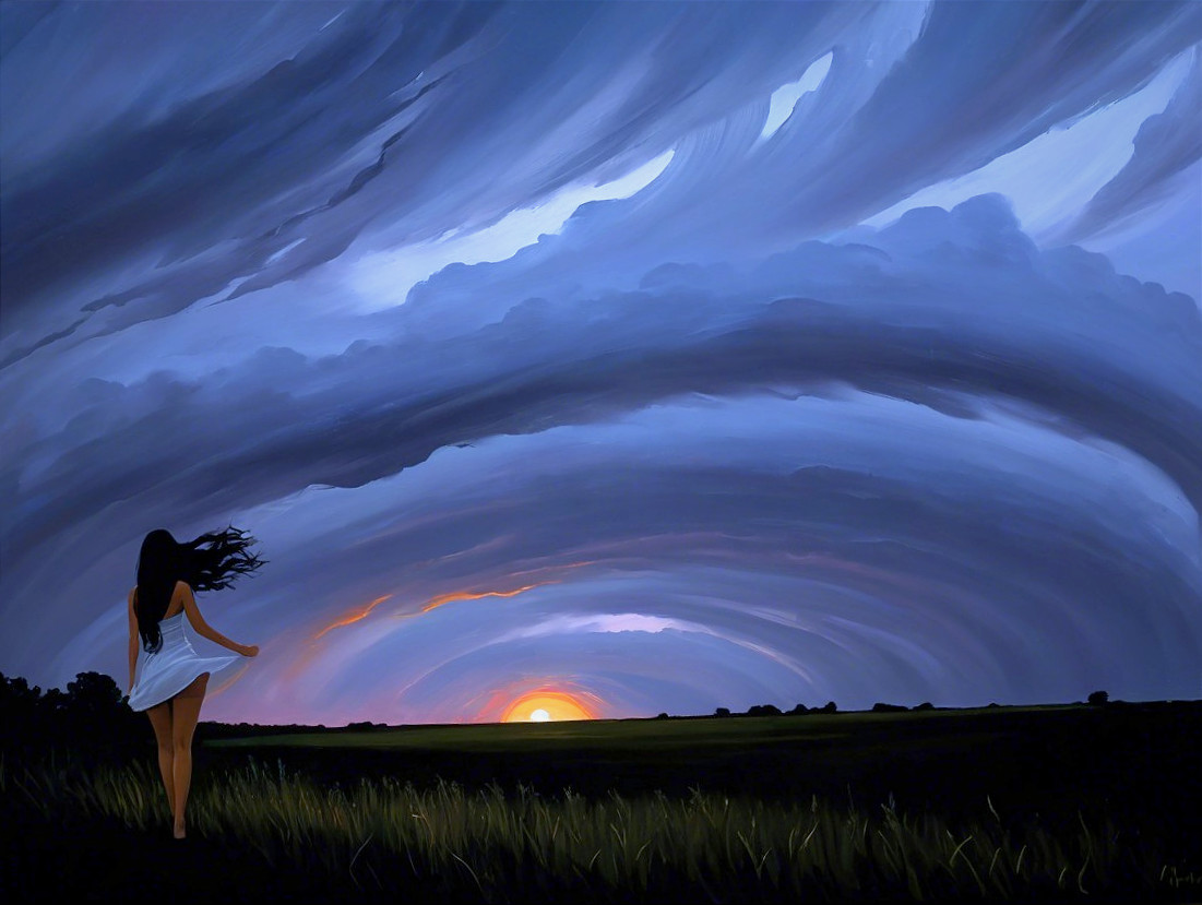 Lone Figure in White Dress at Vibrant Sunset Field