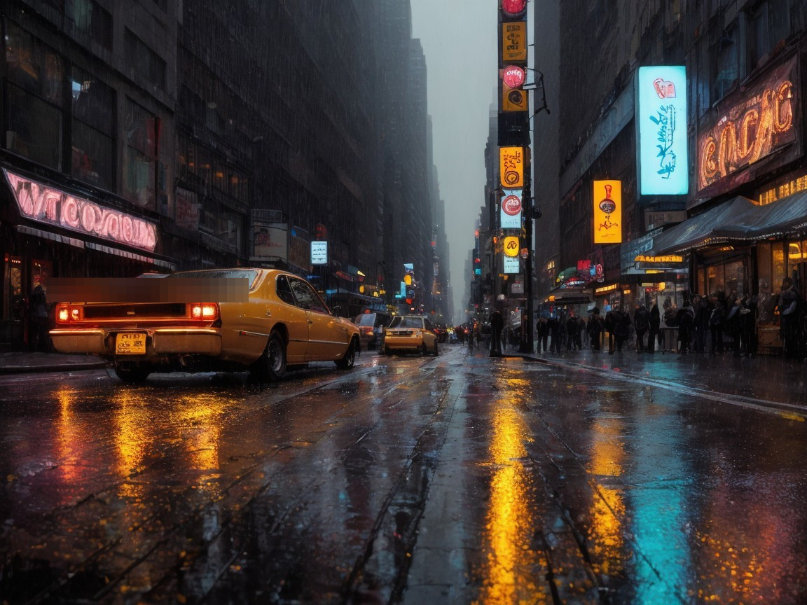 Rainy Evening City Street with Taxis and Neon Lights