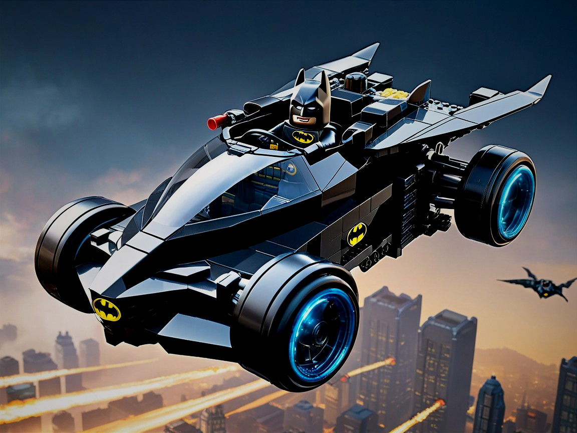 LEGO Batmobile Model Against City Skyline at Sunset