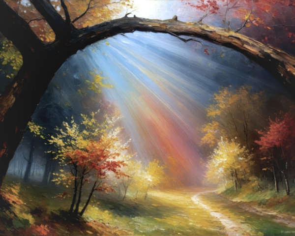 Vibrant Autumn Landscape with Arching Tree and Leaves