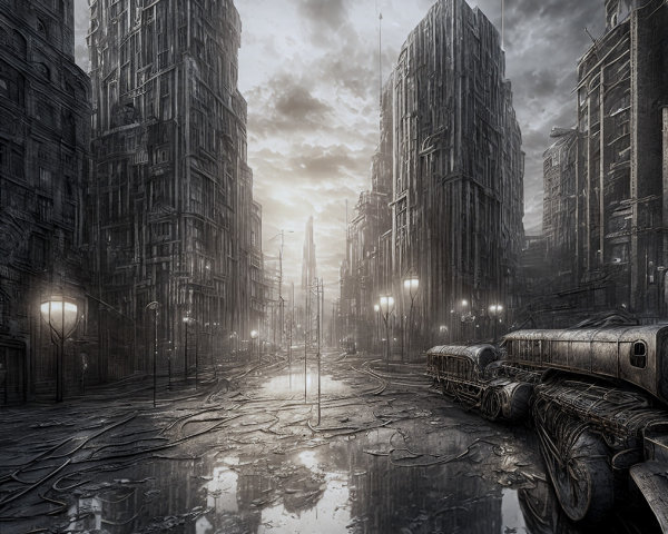 Desolate cityscape with crumbling buildings and haze