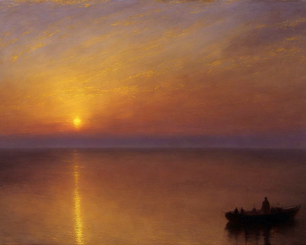 Serene Sunset Over Calm Water with Silhouetted Boat