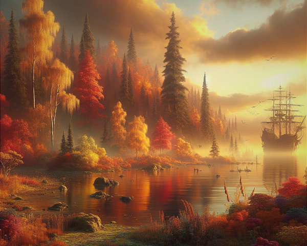 Autumn Landscape with Foliage and Tranquil Lake