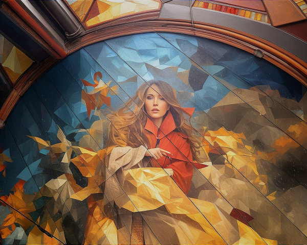 Woman in Red Coat Amidst Abstract Golden Landscape