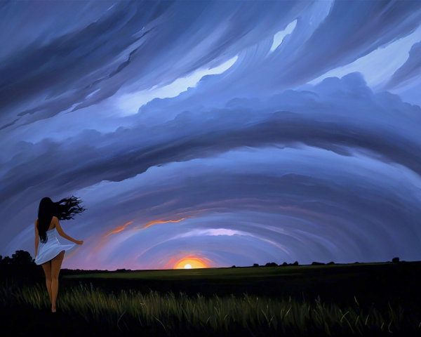 Lone Figure in White Dress at Vibrant Sunset Field