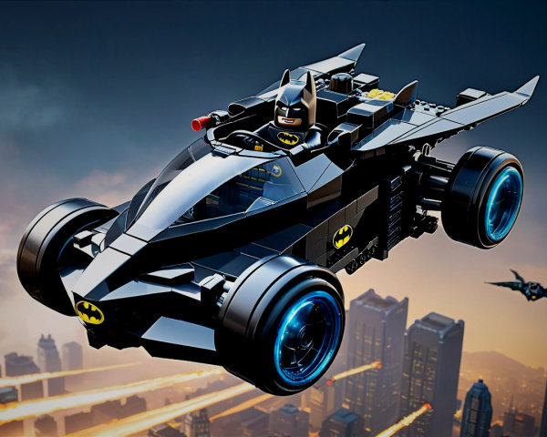 LEGO Batmobile Model Against City Skyline at Sunset