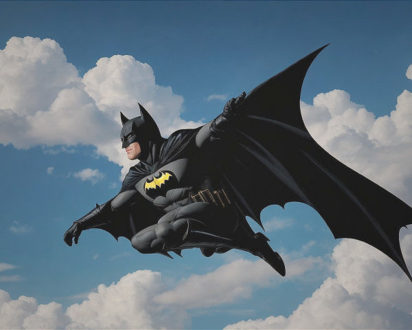 Silhouetted superhero in blue sky with clouds