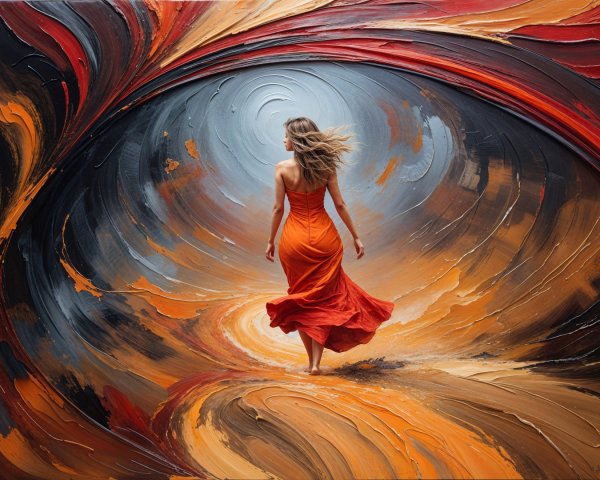 Figure in Orange Dress Approaching Abstract Vortex