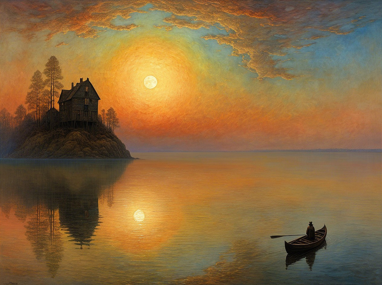Serene landscape with house, sunset, and calm waters