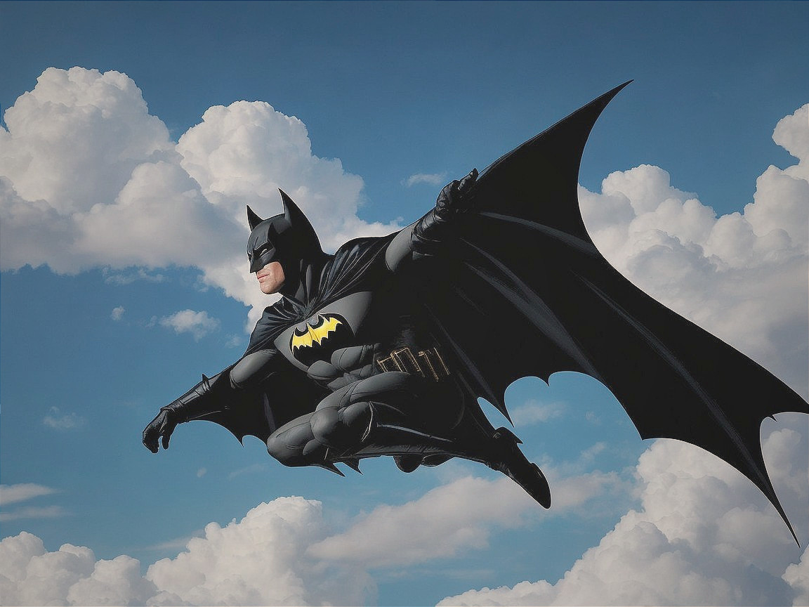 Silhouetted superhero in blue sky with clouds