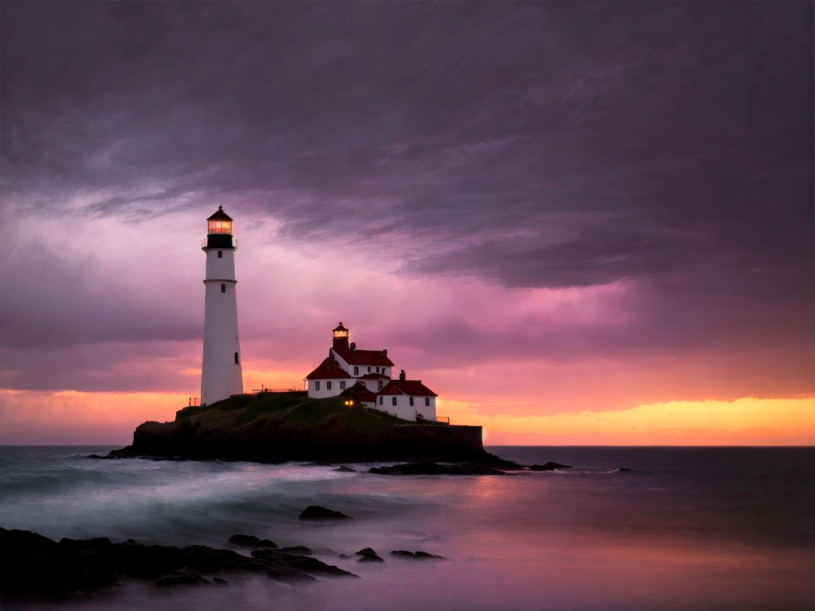 Majestic lighthouse on rocky shore at twilight sky
