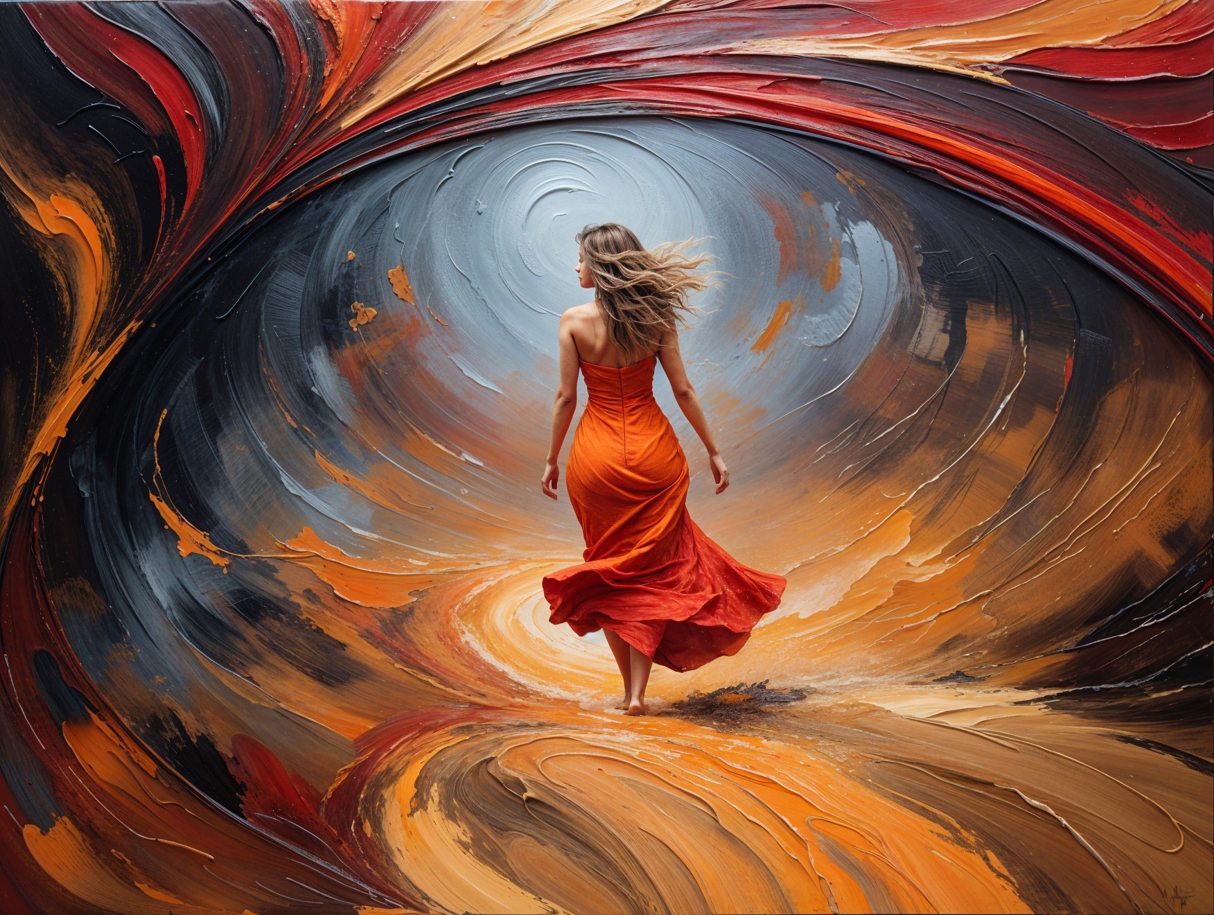 Figure in Orange Dress Approaching Abstract Vortex