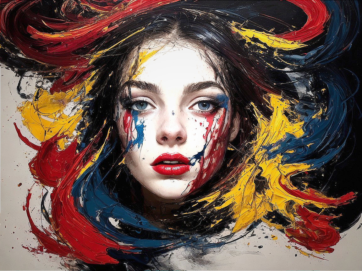 Portrait of a woman with colorful face paint streaks