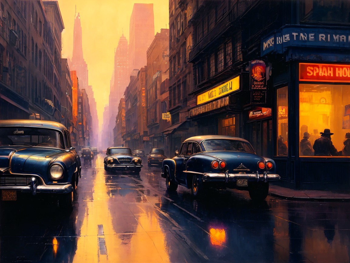 Nostalgic city street at dusk with vintage cars