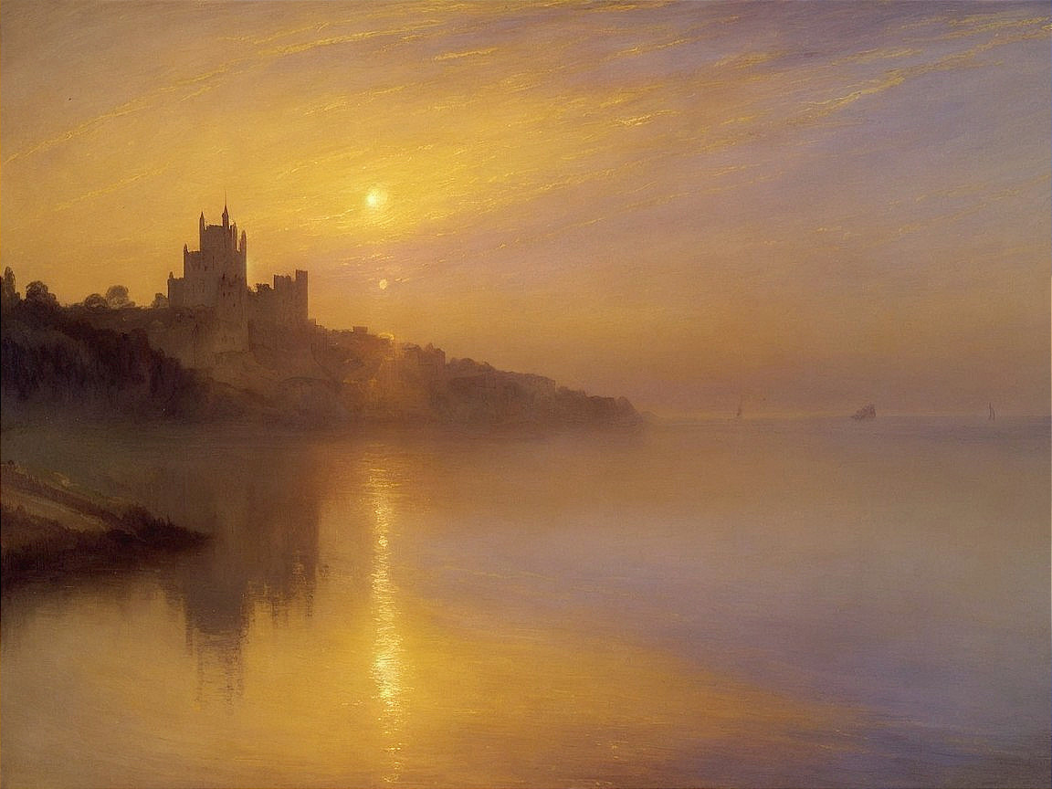 Serene Dawn Landscape with Castle and Tranquil Water