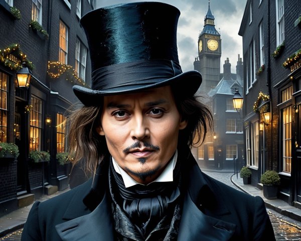 Victorian Figure in Dimly Lit Cobblestone Street