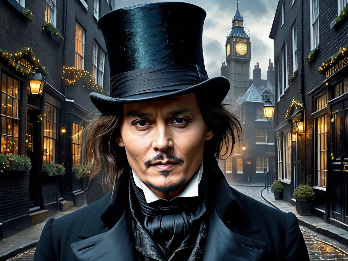 Victorian Figure in Dimly Lit Cobblestone Street