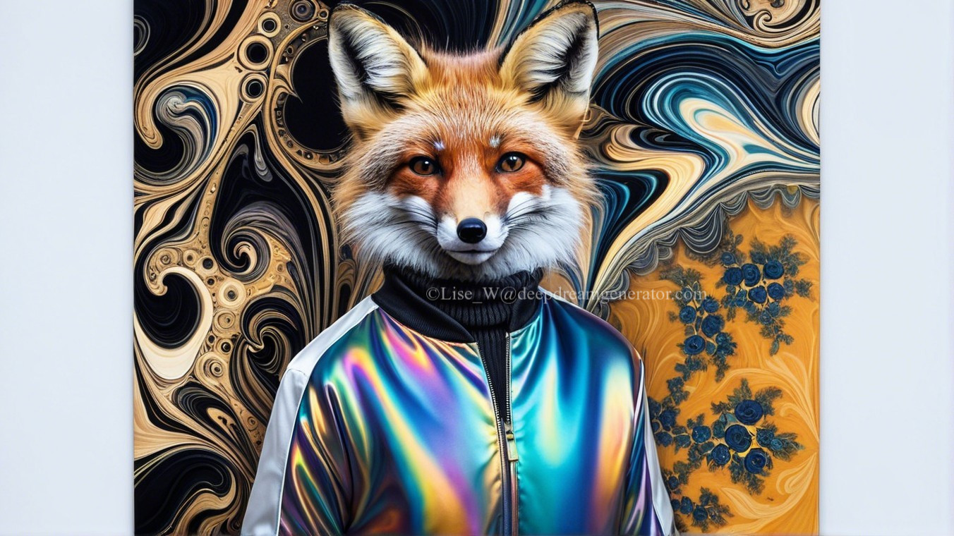 Fox in Iridescent Jacket Amid Vibrant Abstract Background