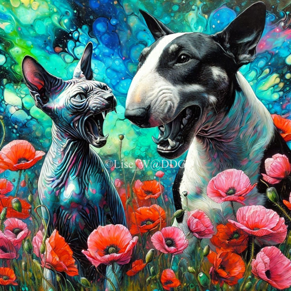 Bull Terrier and Sphynx Cat in Poppy Field Painting
