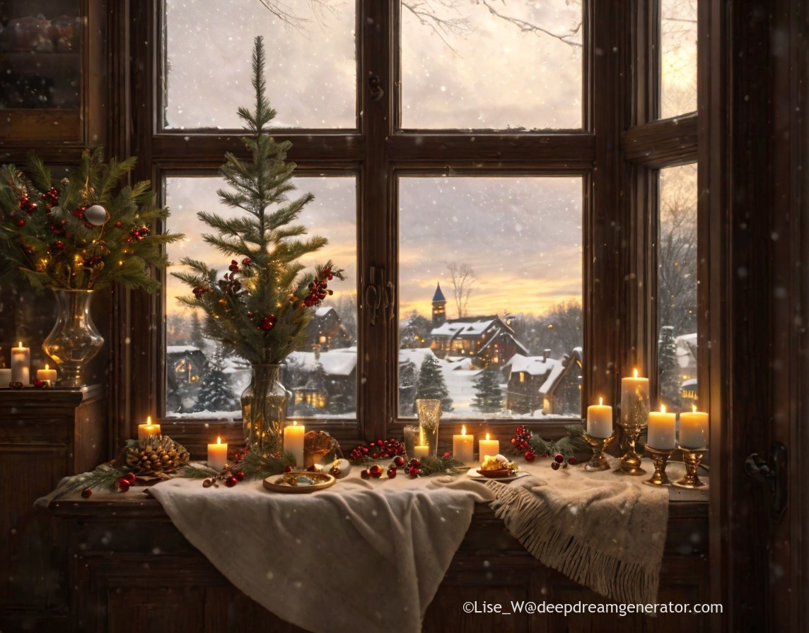 Winter scene: Christmas tree, candles, pinecones, snowy village, dusk