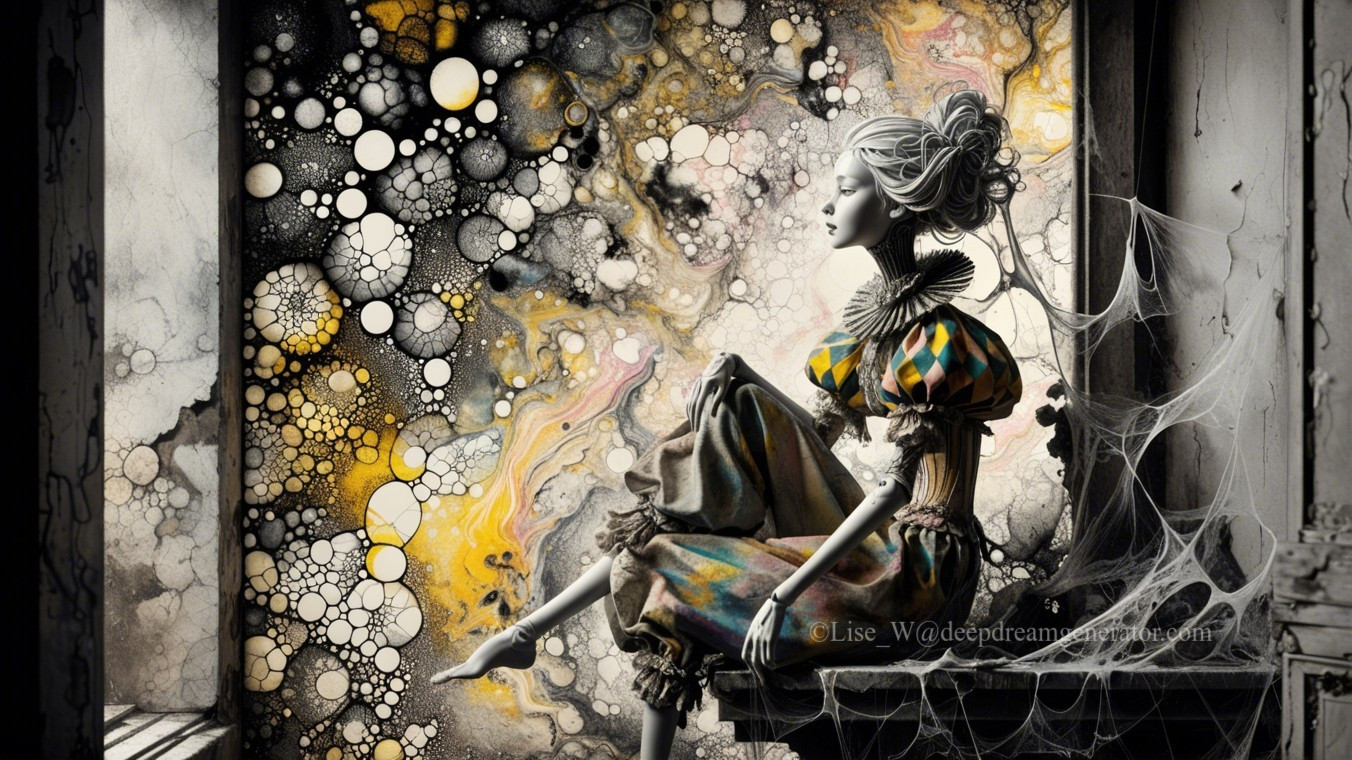 Whimsical Figure in Colorful Dress Against Abstract Background