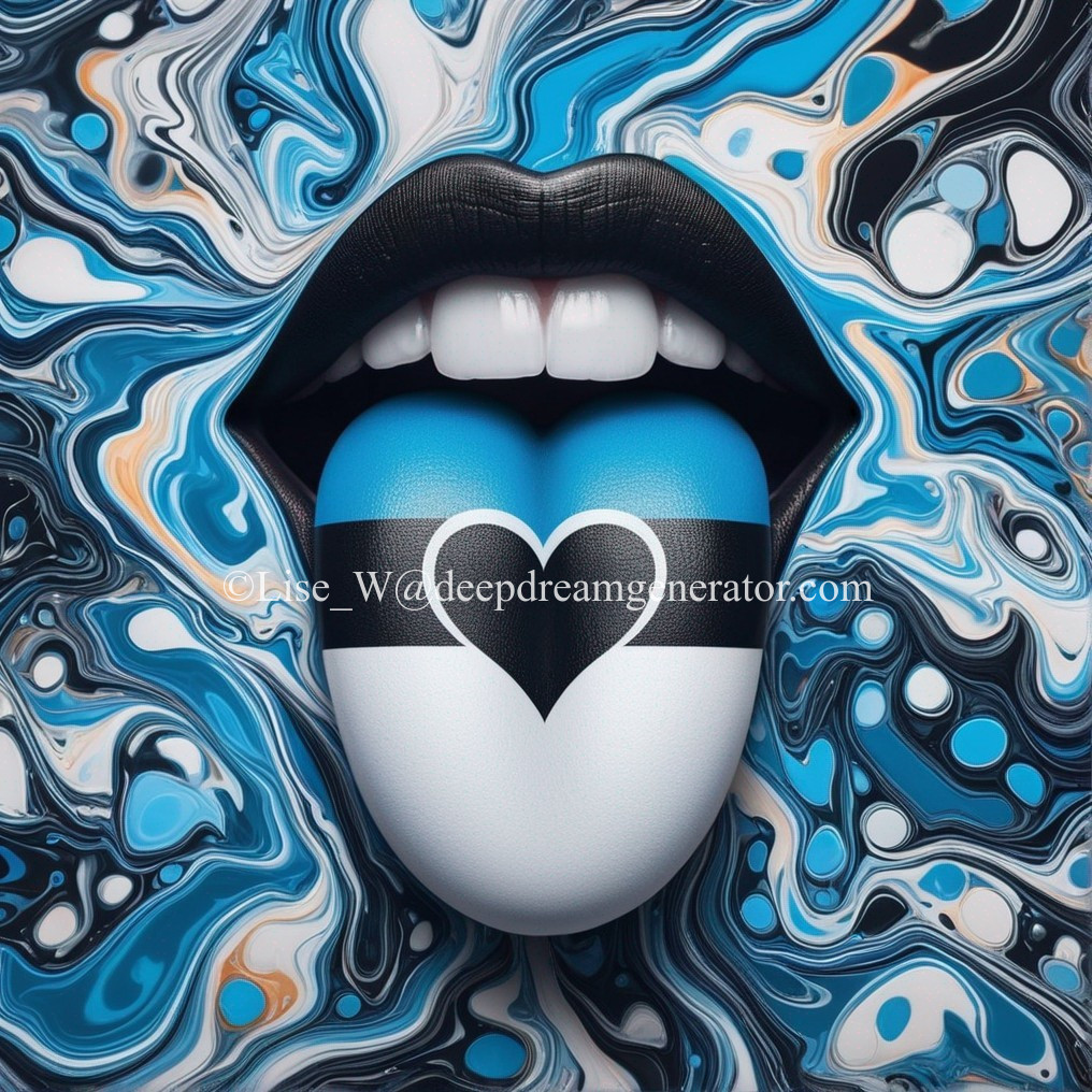 Glossy Black Lips with Heart on Tongue and Abstract Background