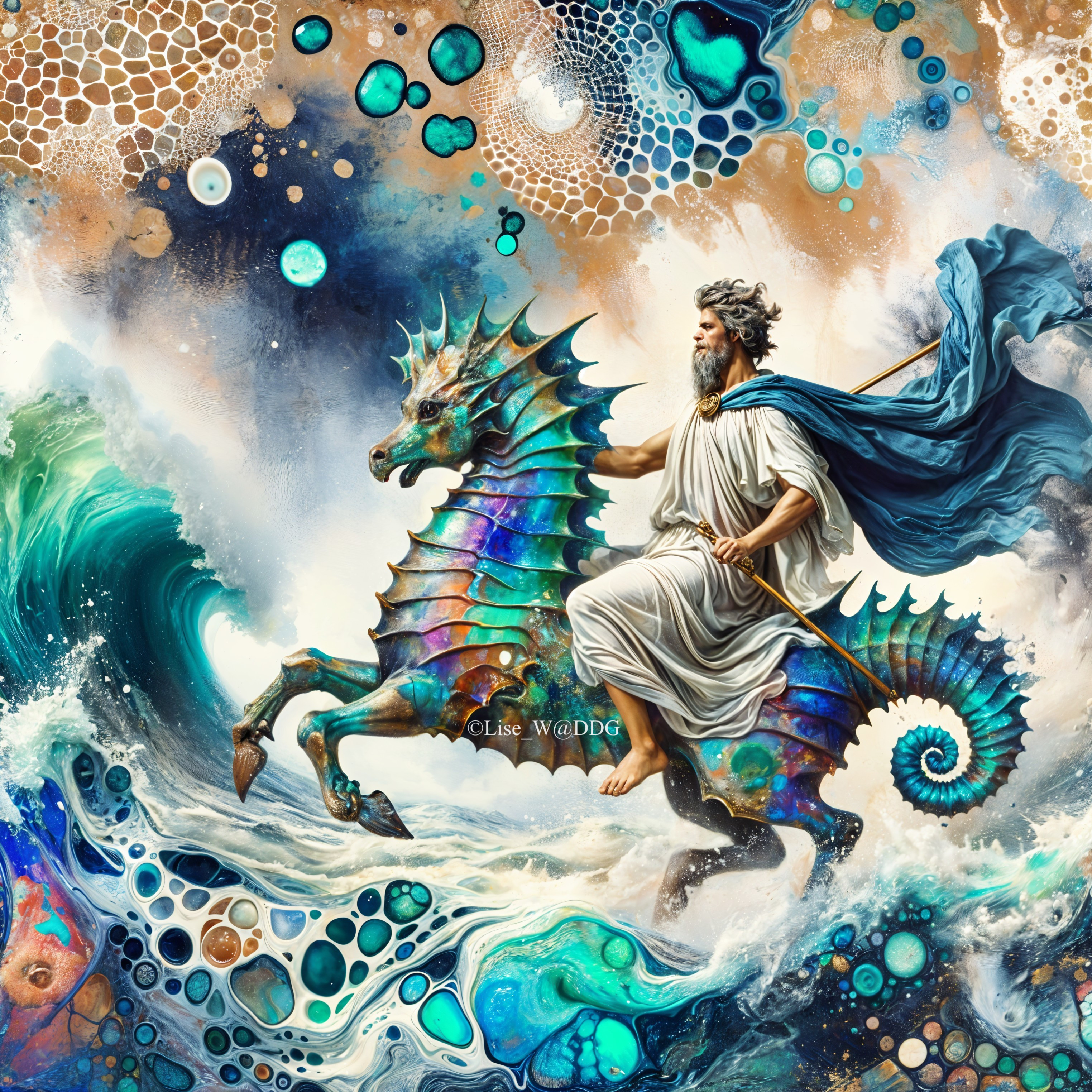 Majestic figure on iridescent seahorse in ocean waves