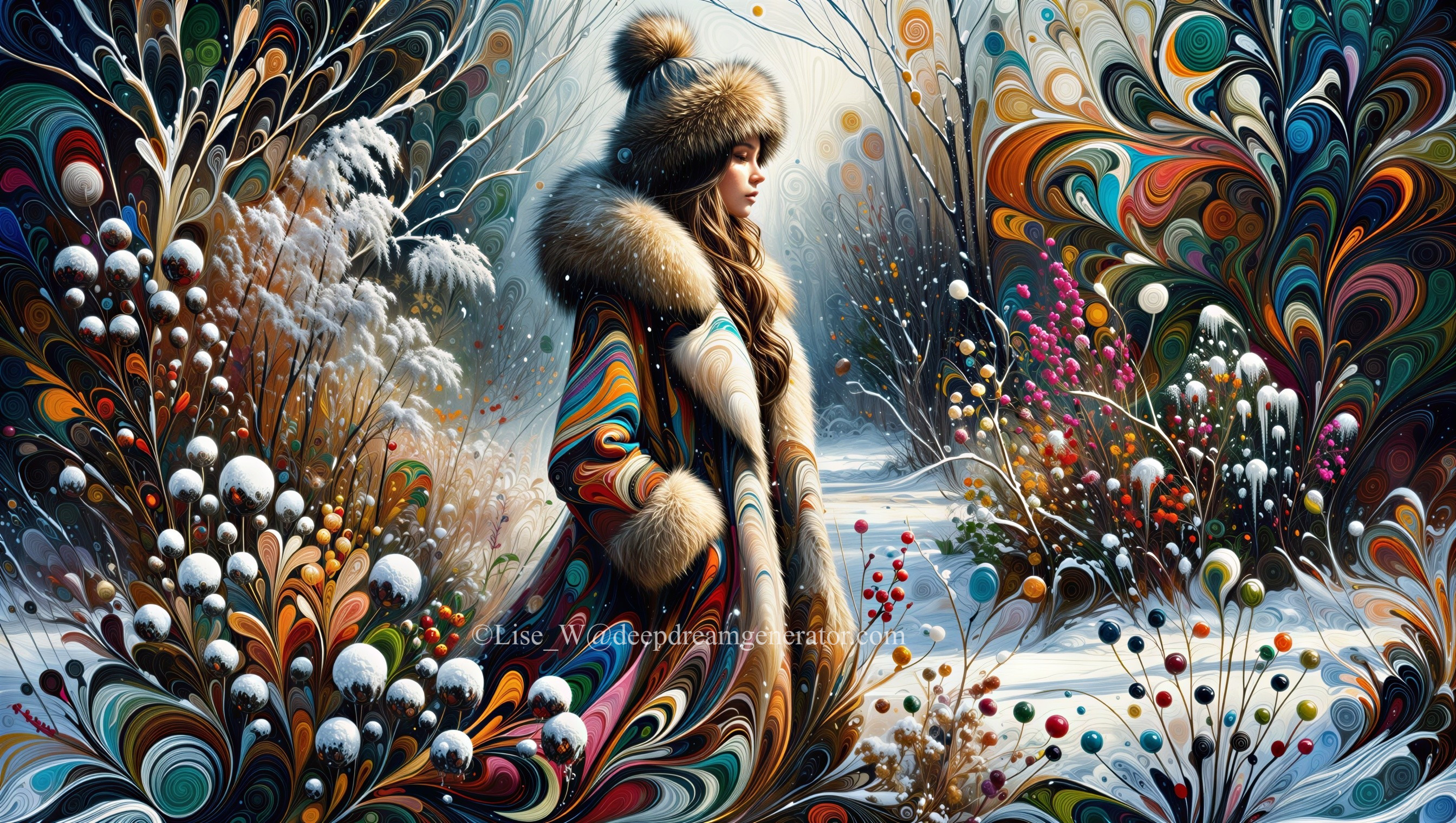 Young woman in snowy landscape with vibrant patterns