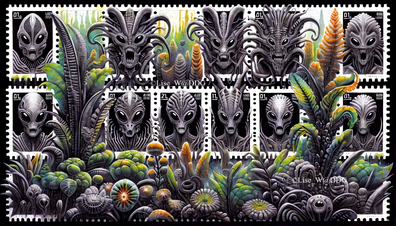 Unique Stamps Featuring Alien Masks and Lush Foliage