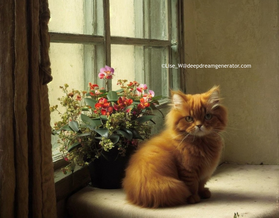 Fluffy orange Persian cat by window with blooming flowers