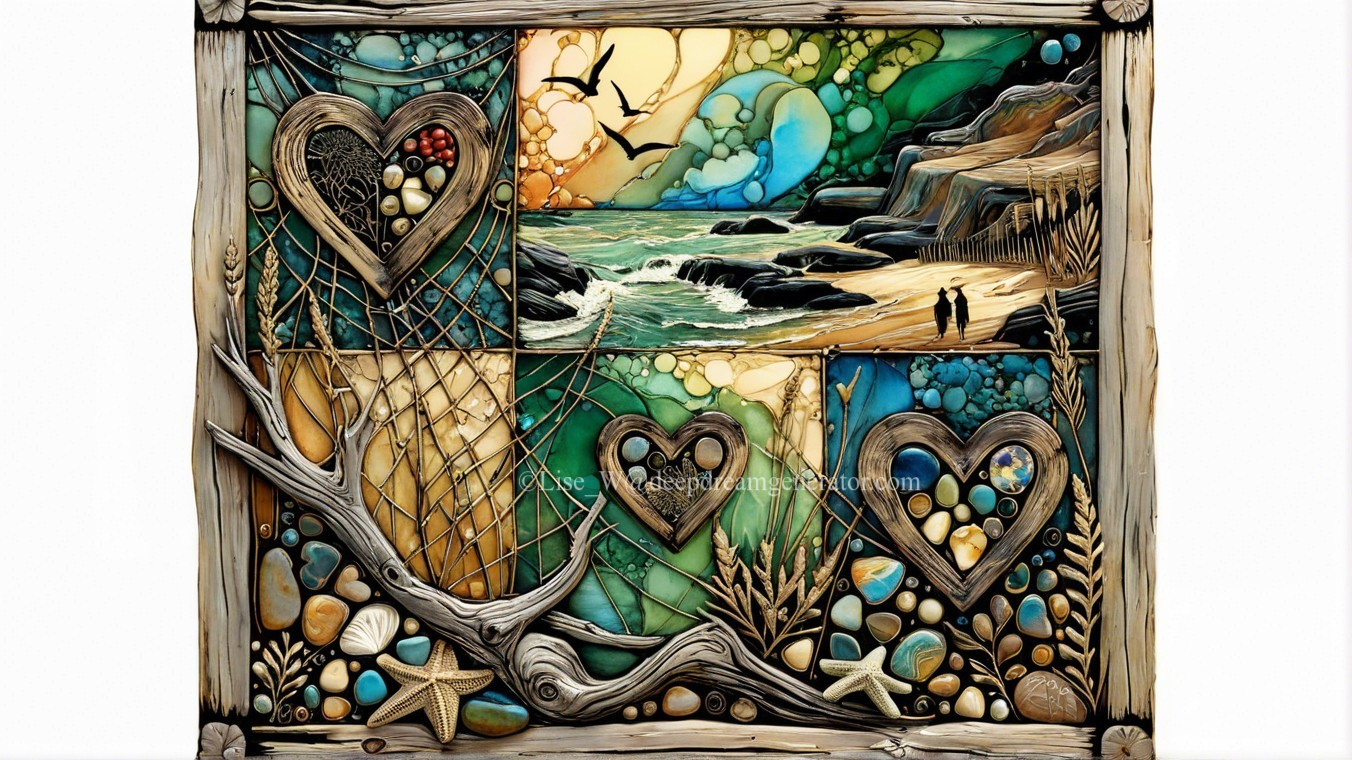 Colorful Mosaic Artwork of Beach Scene and Hearts