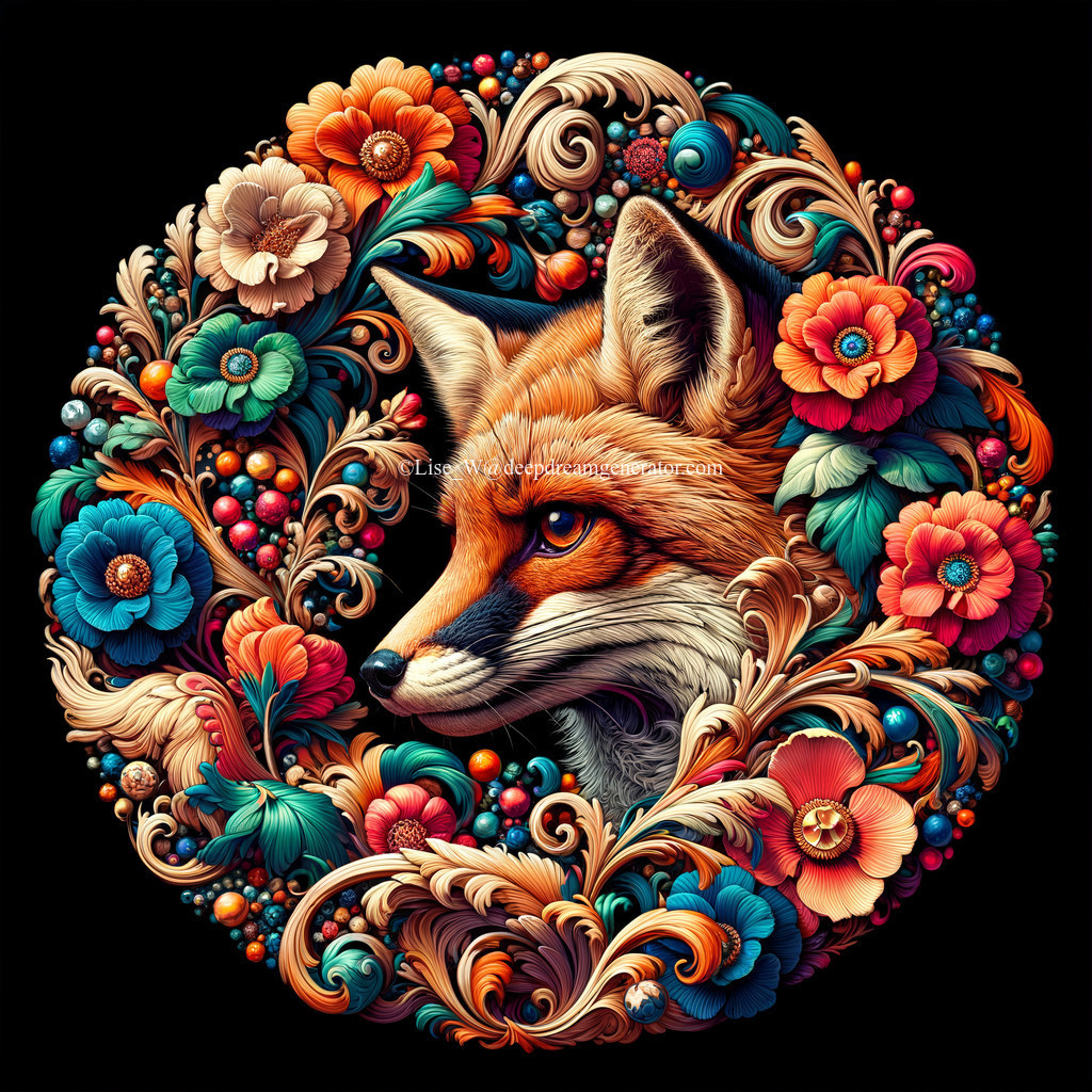 Detailed Fox Head Illustration with Vibrant Floral Motif