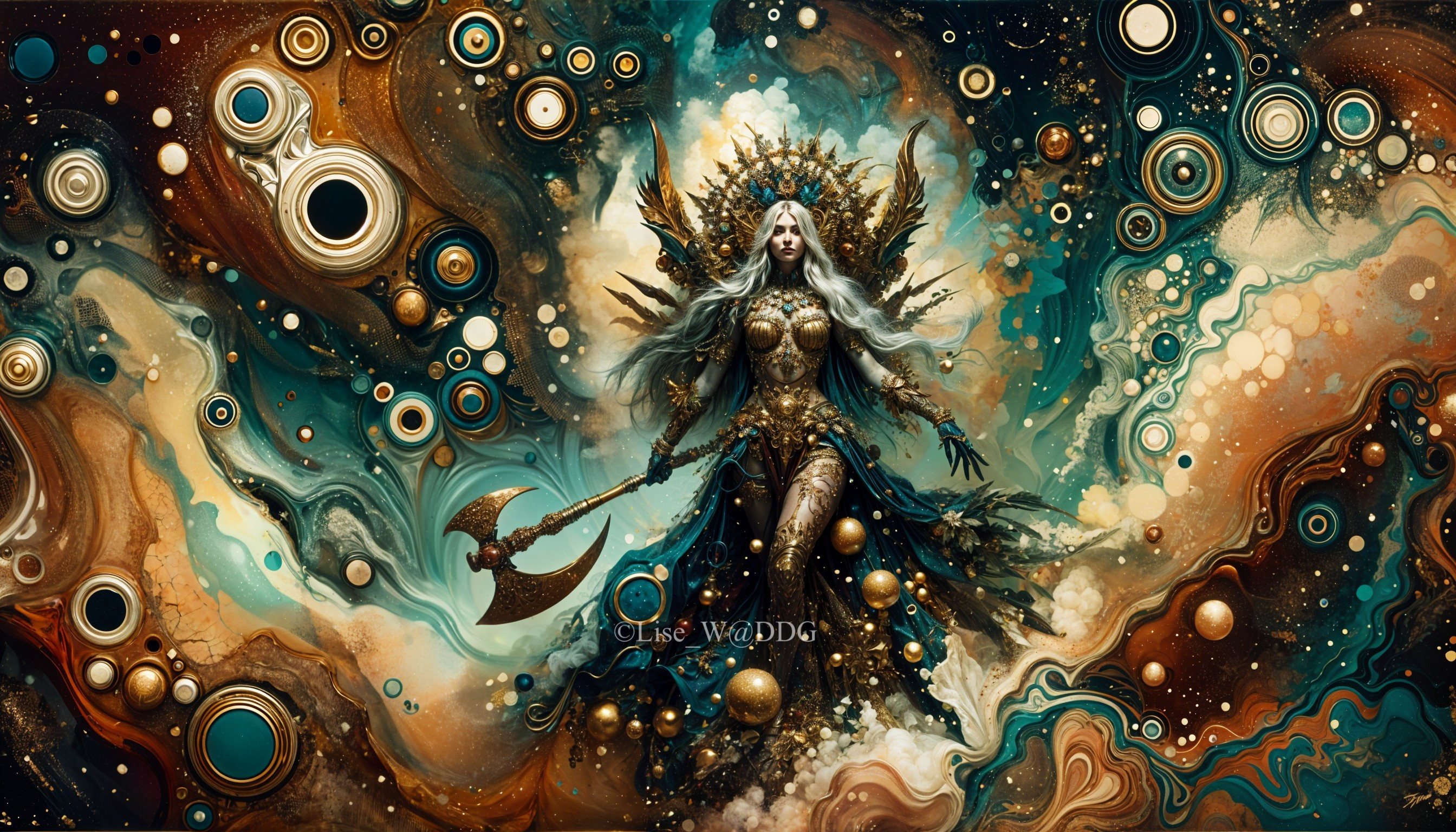 Ethereal figure in golden armor with fierce axe