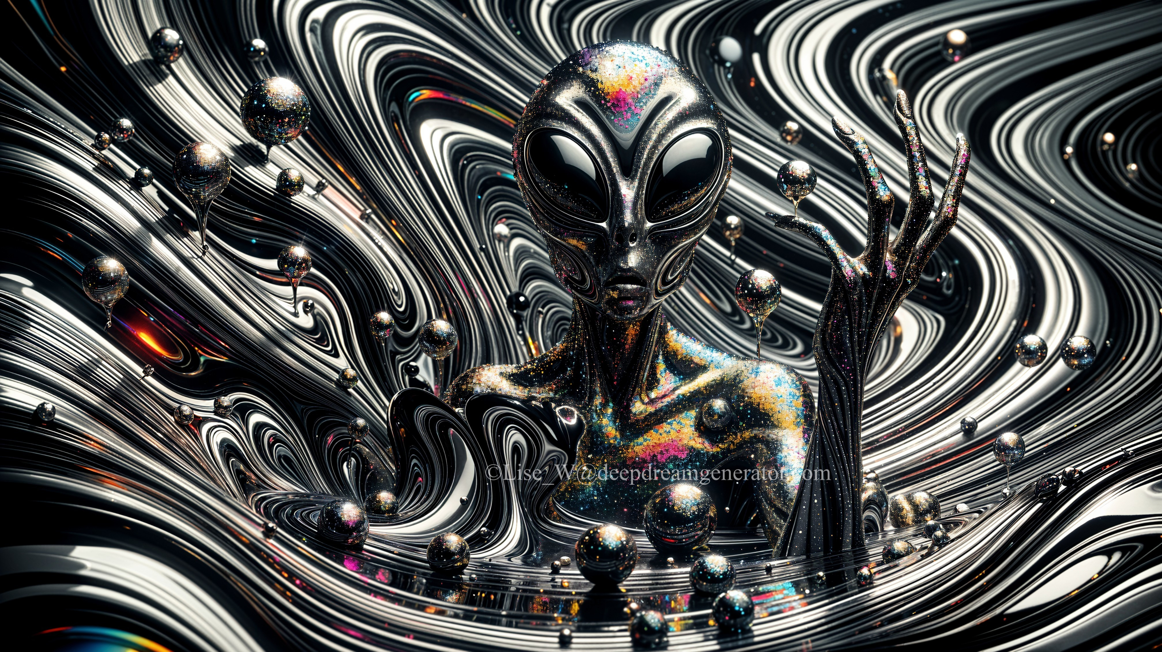 Futuristic Alien Figure in Iridescent Cosmic Scene