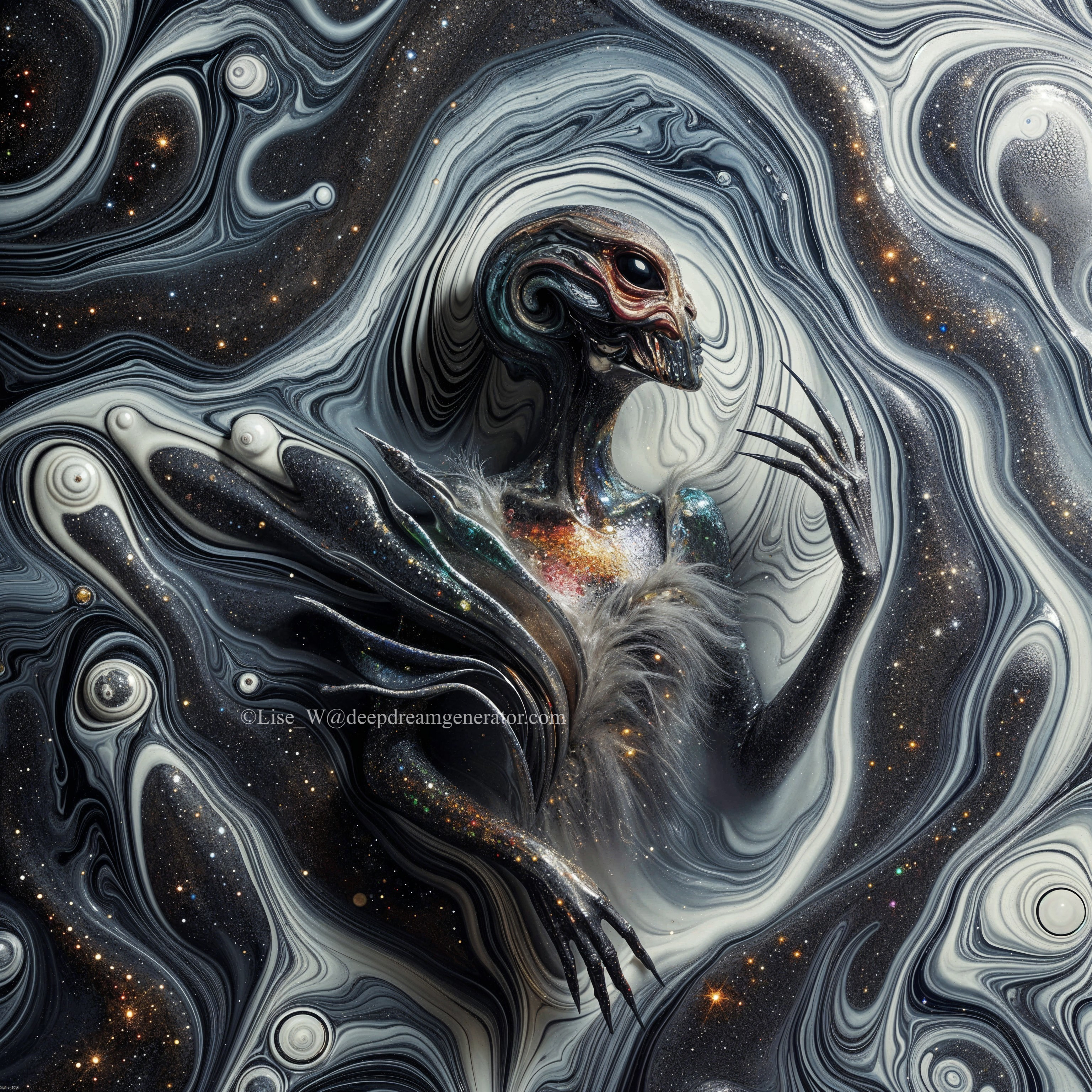 Surreal Alien Figure in Cosmic Background Art