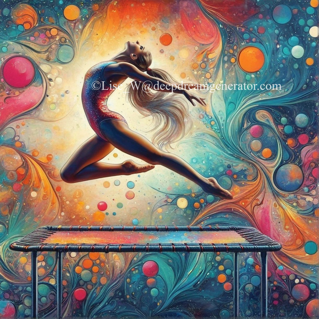 Woman leaping on trampoline in surreal cosmic setting