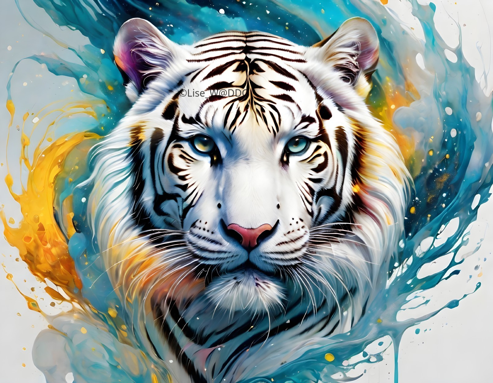 White Tiger with Black Stripes Against Colorful Background