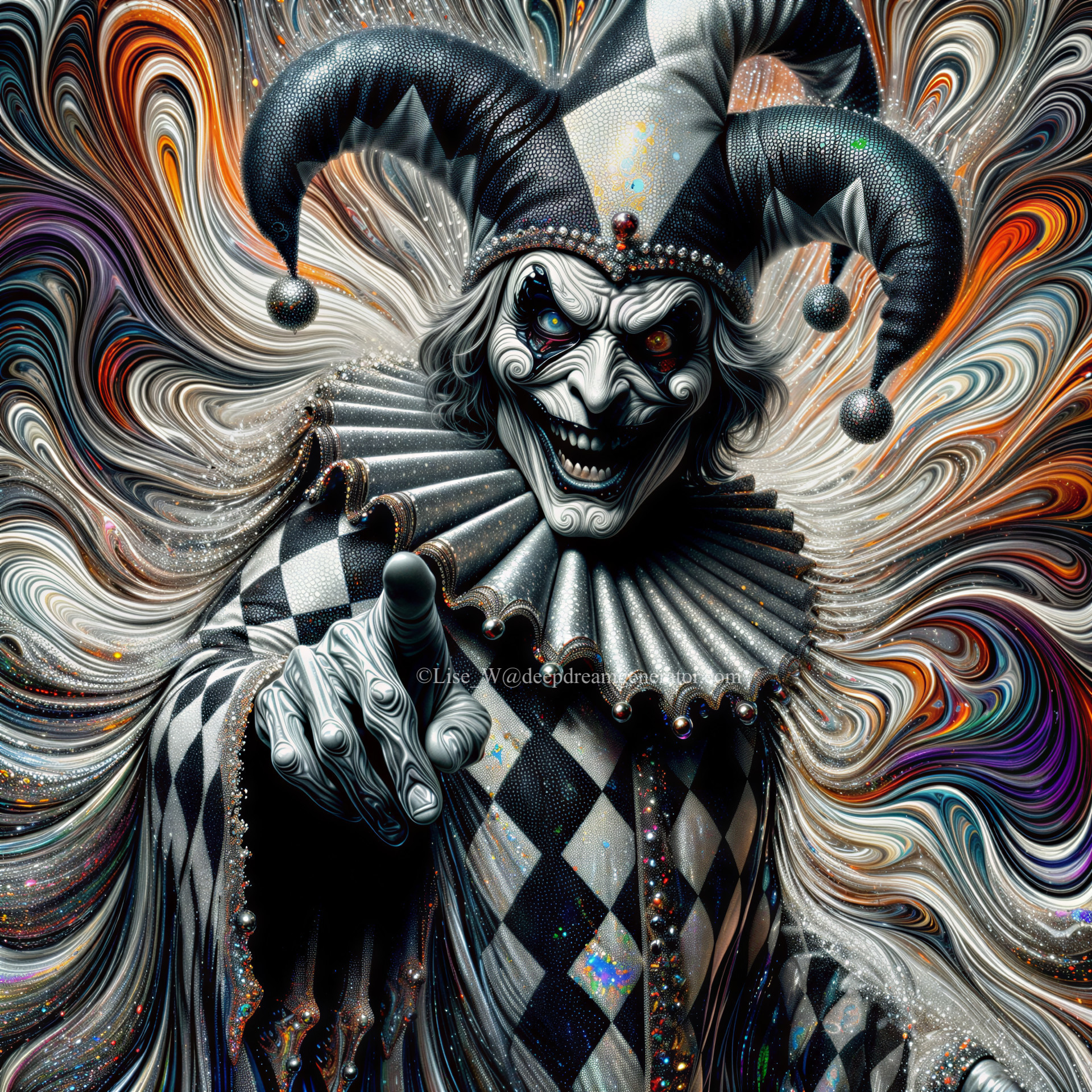 Sinister Jester in Black and White Harlequin Costume