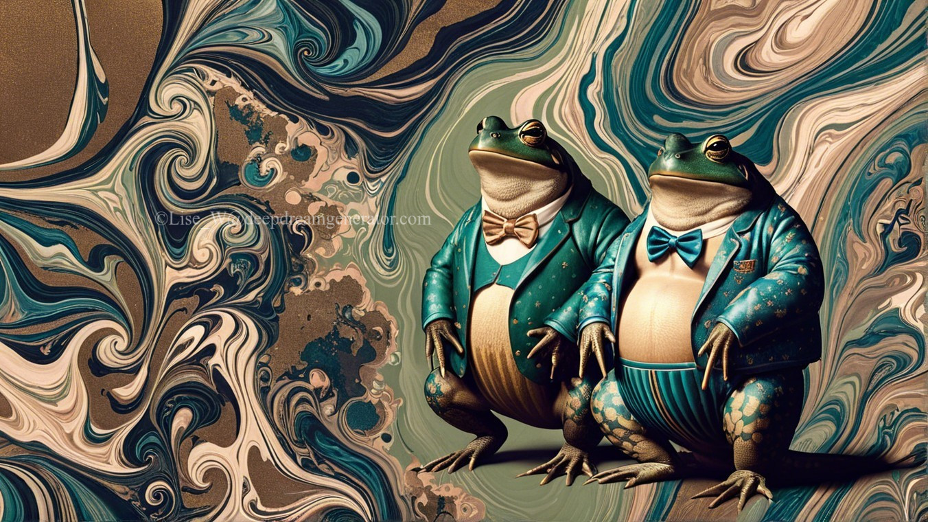 Stylized frogs in tuxedos against abstract background