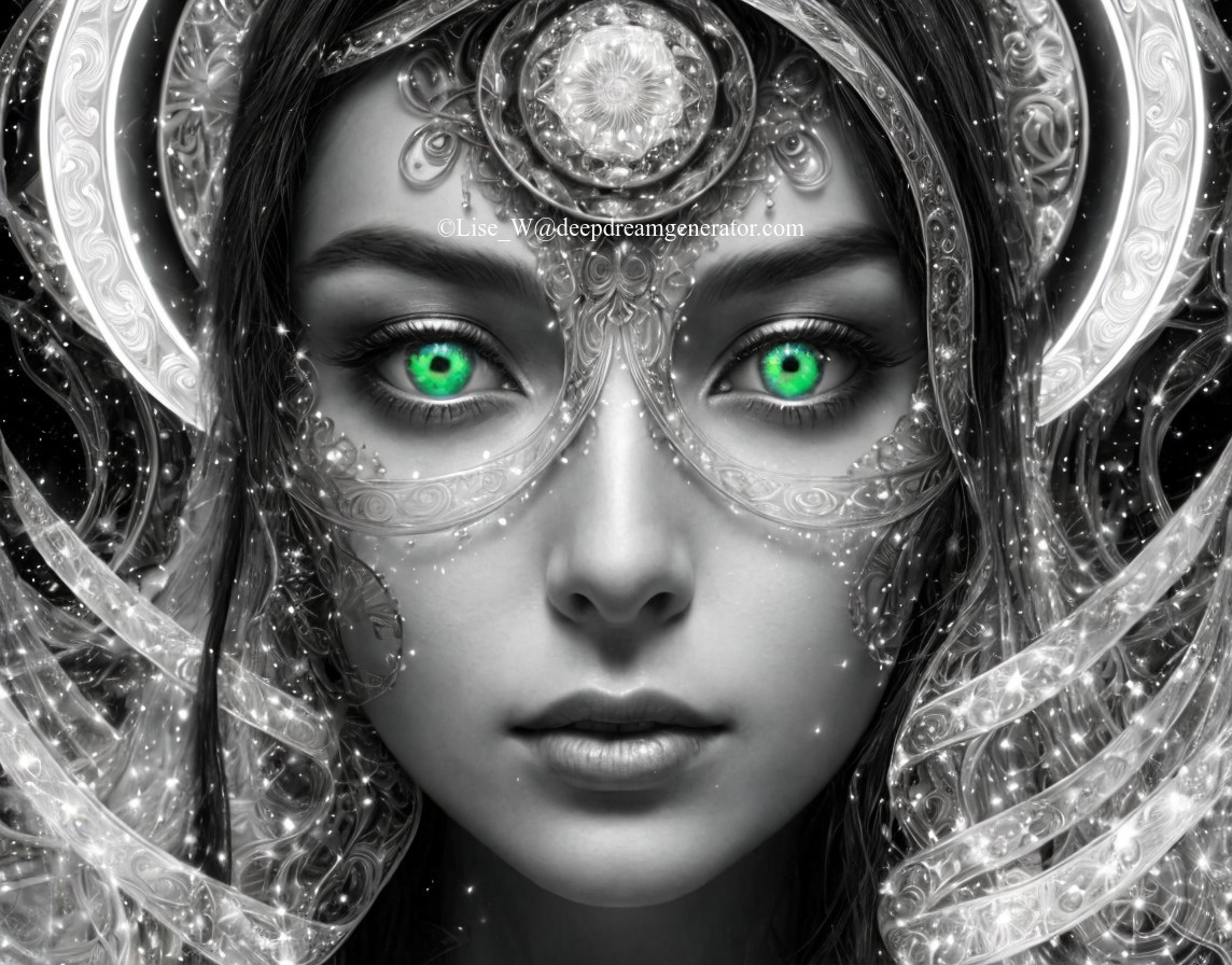Close-up of a person with green eyes and silver adornments