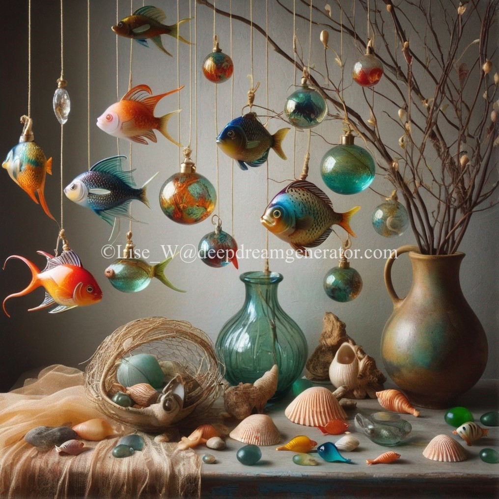 Whimsical Still Life with Colorful Fish and Orbs