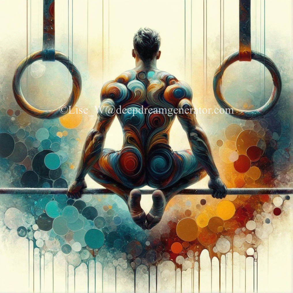 Muscular Athlete on Still Rings with Abstract Backdrop
