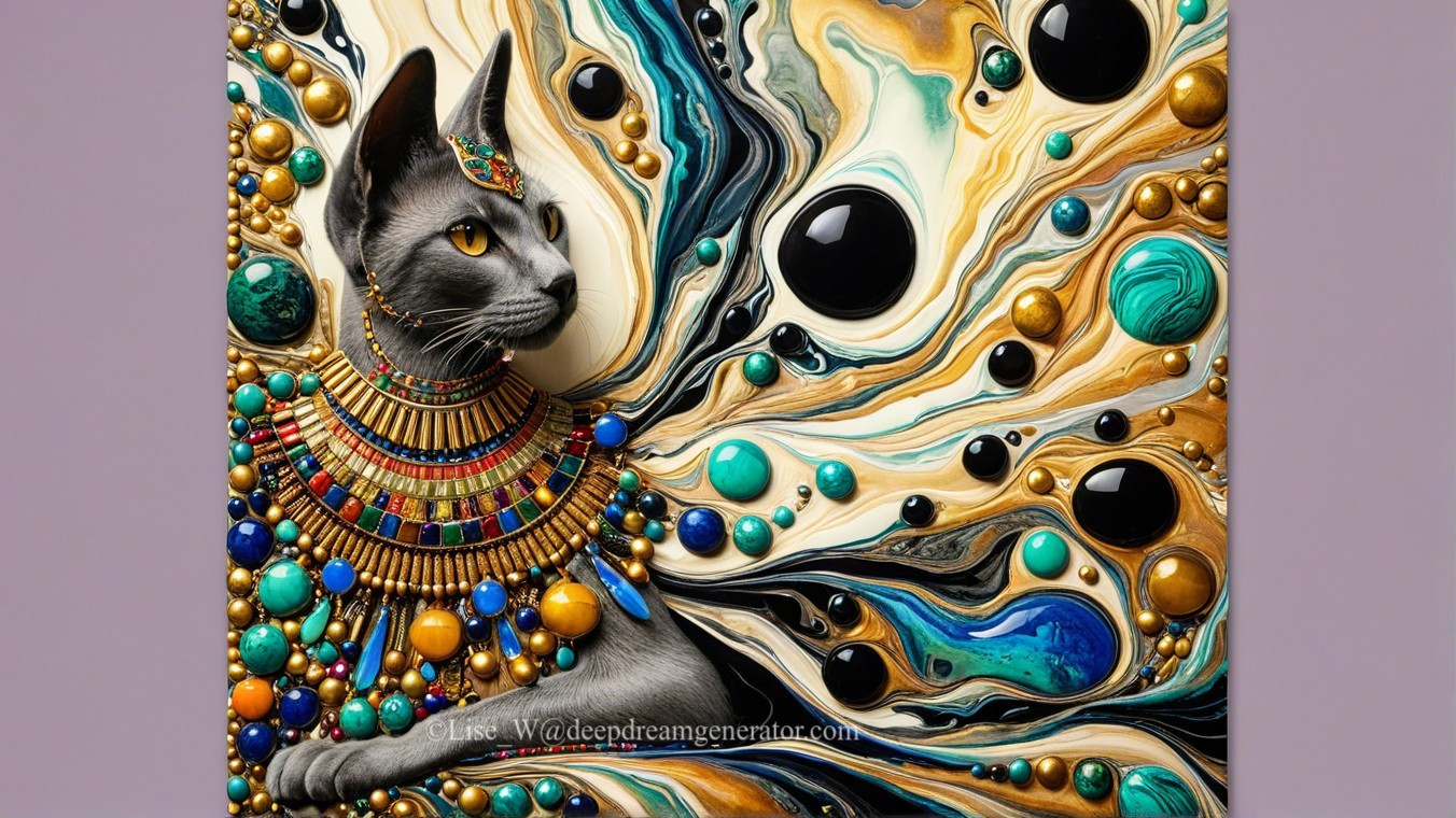 Stylized Cat with Intricate Jewelry and Colorful Background