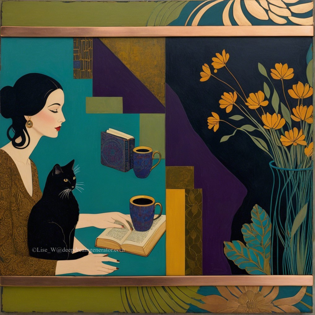 Woman with Book and Cat in Colorful Setting