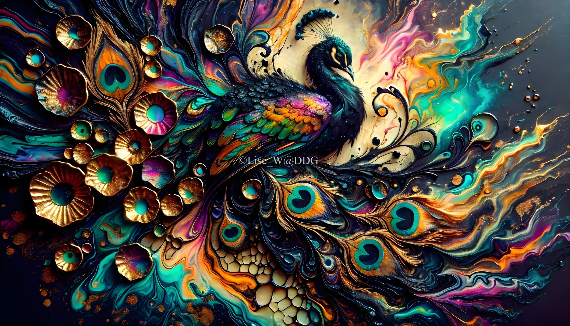 Vibrant Peacock with Iridescent Feathers and Abstract Patterns