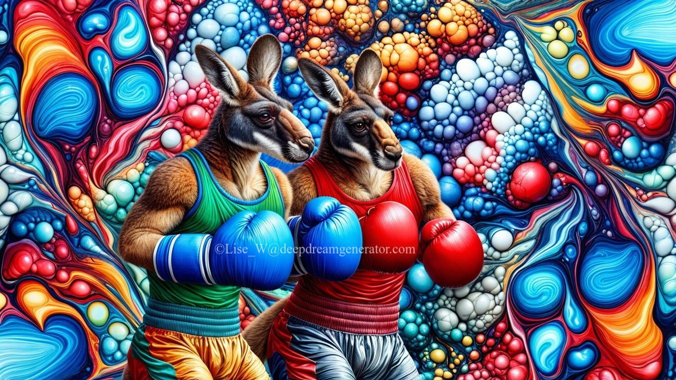 Kangaroos in Colorful Boxing Attire with Abstract Background