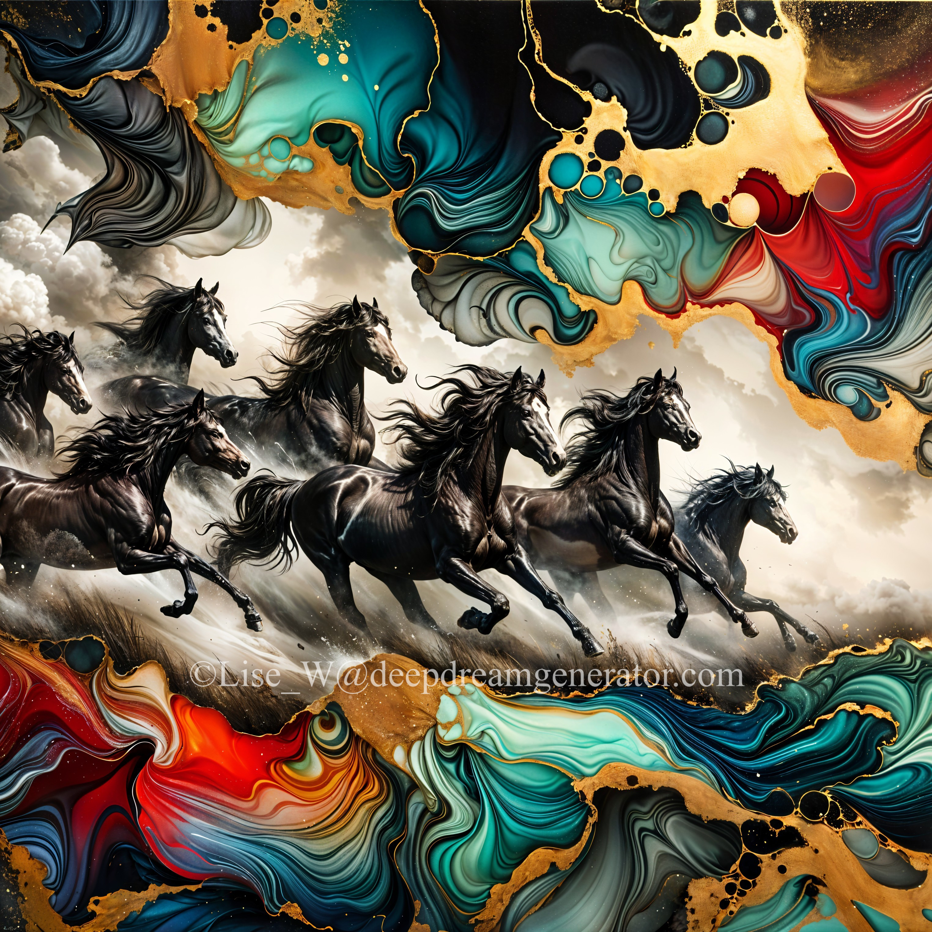 Black Horses Galloping in Vibrant Abstract Landscape