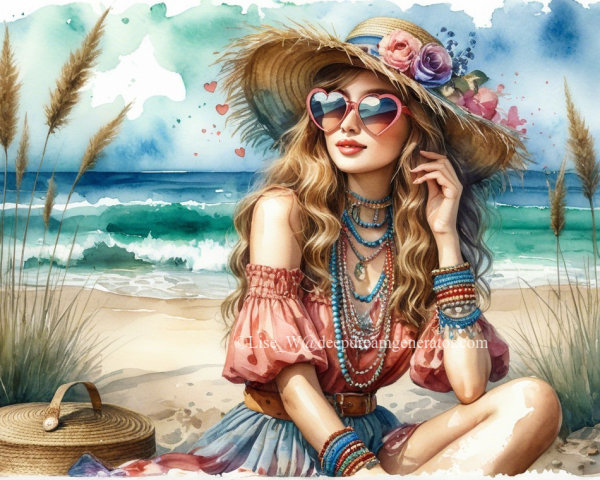 Stylish Woman in Summer Beach Setting with Accessories