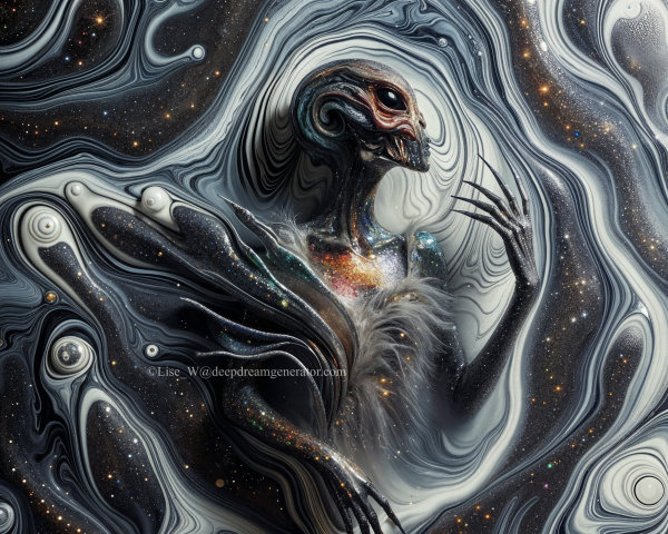 Surreal Alien Figure in Cosmic Background Art