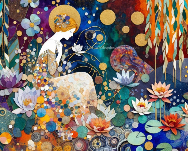 Elegant Figure Surrounded by Vibrant Floral Patterns